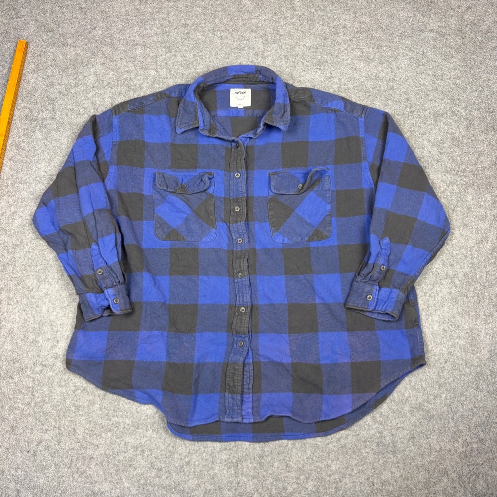 Aerie Blue Black Buffalo Plaid Flannel Button Down Shirt Large Oversized L